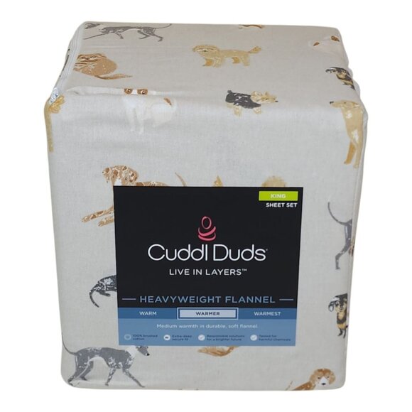 Cuddl Duds King Heavyweight Flannel Sheet Set Warmer Brushed Cotton Cozy Dog - Picture 8 of 8